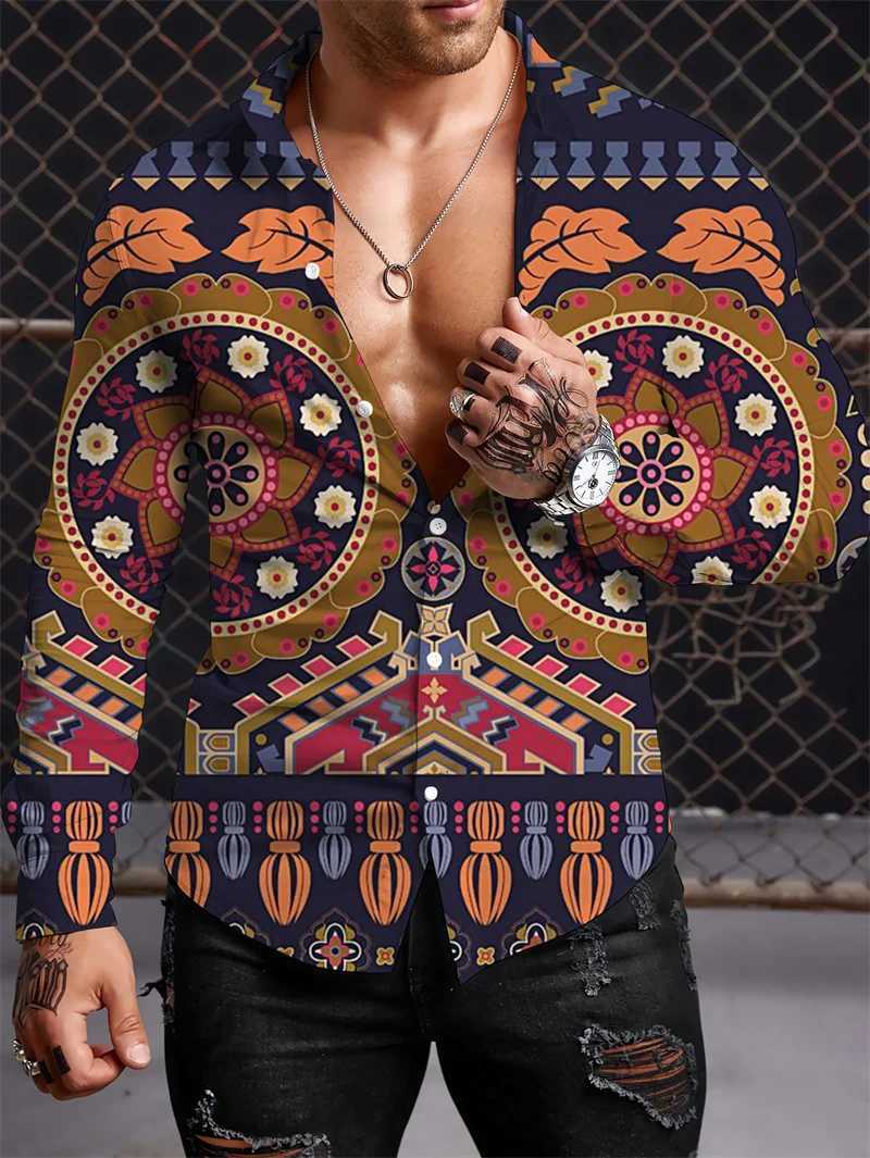 2023 Mens Long Sleeve Shirt Harajuku Vintage Pattern Polo Collar Fashion Casual Luxury Top S-5XLXJ240828