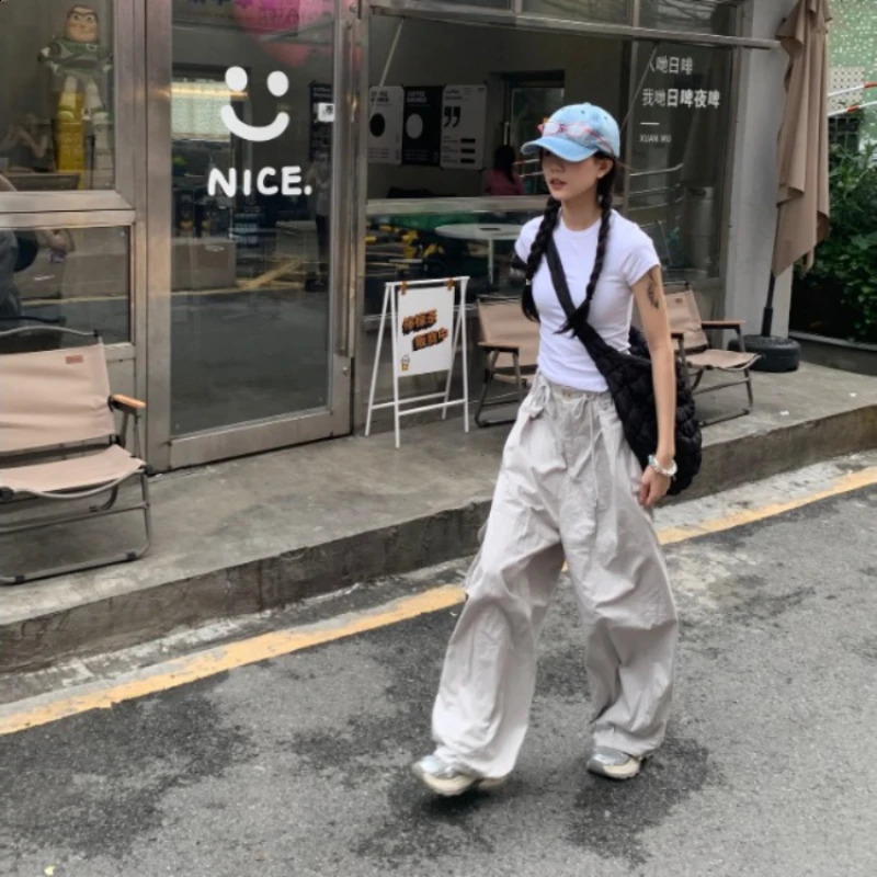 QWEEK Y2K Luggage Womens Grey Cargo Pants Casual American Style Retro Wide Leg Trousers Sweet Summer High Waist Pantalon 240827