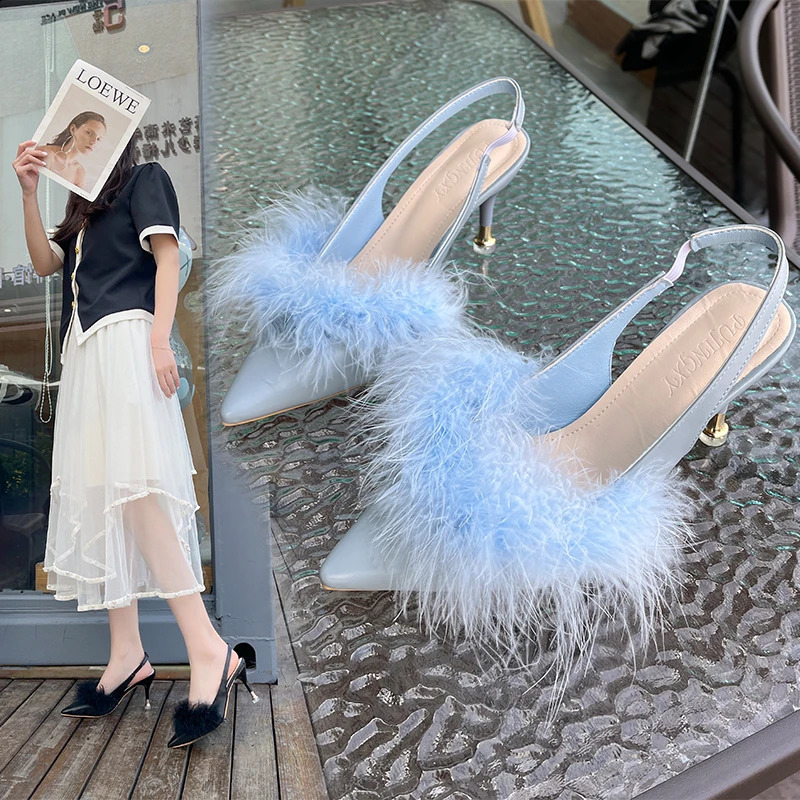 Lace slider womens shoes womens pump solid leather dot lace slider fur high heels summer womens slider 240827