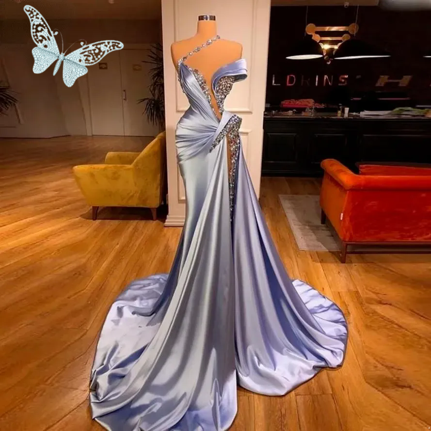 Sky Blue Plus Size Aso Ebi Prom Dresses For Black Women Off The Shoulder Sheer V Neck Illusion Mermaid Evening Formal Gowns Applique Beaded Lace Forma
