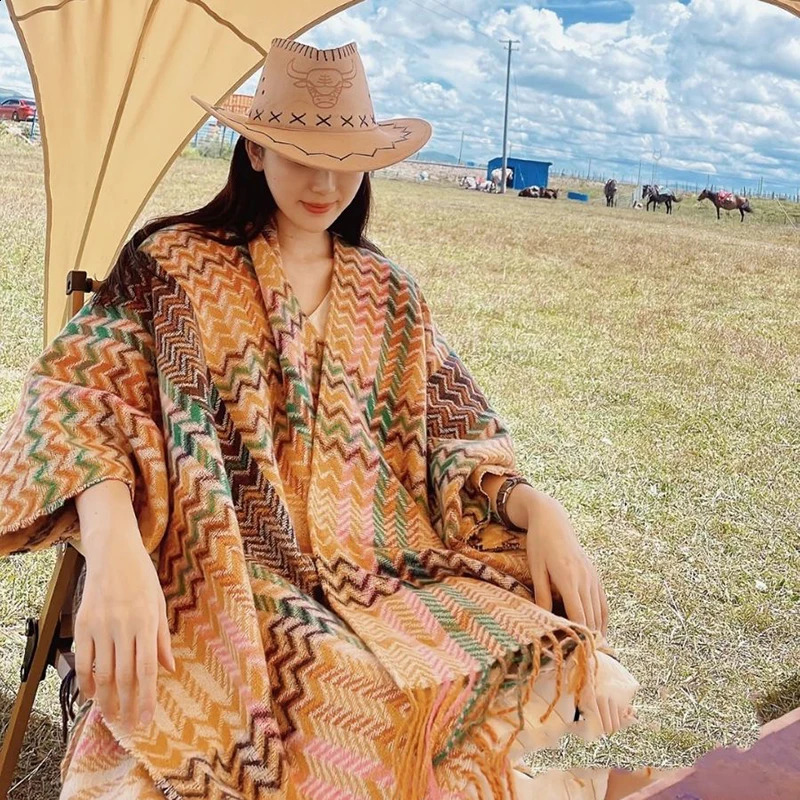 Poncho Knitted Cloak Ethnic Style Capes Tassel Cardigan Sweater Loose Oversized Shawl Wraps Vintage Striped Women Travel Coat 240828