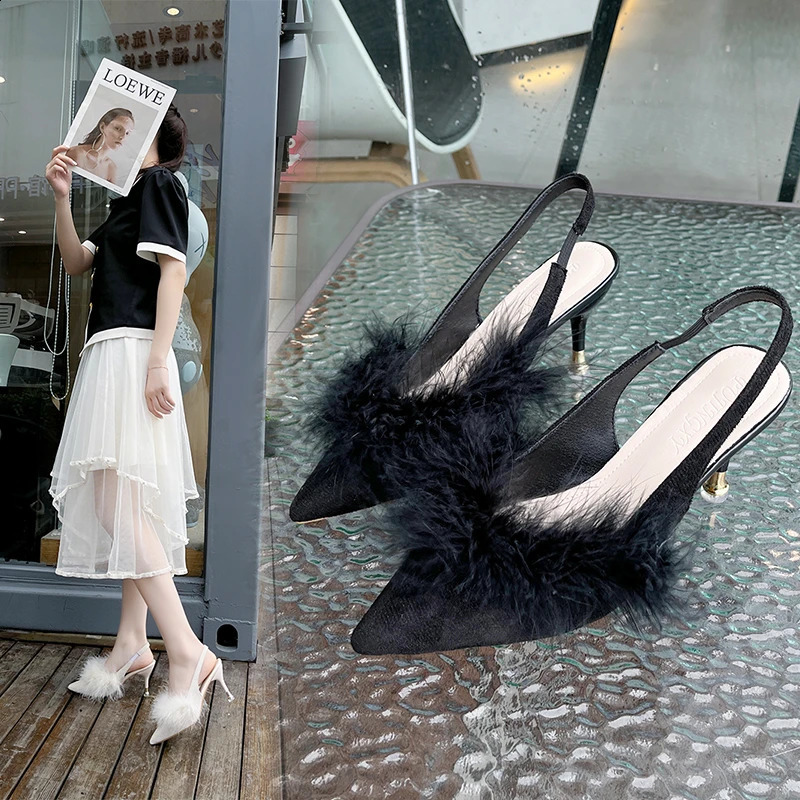 Womens genuine Ostrich hair heel slider fashionable fur slider high-quality anti slip and sexy slider womens party shoes 240827