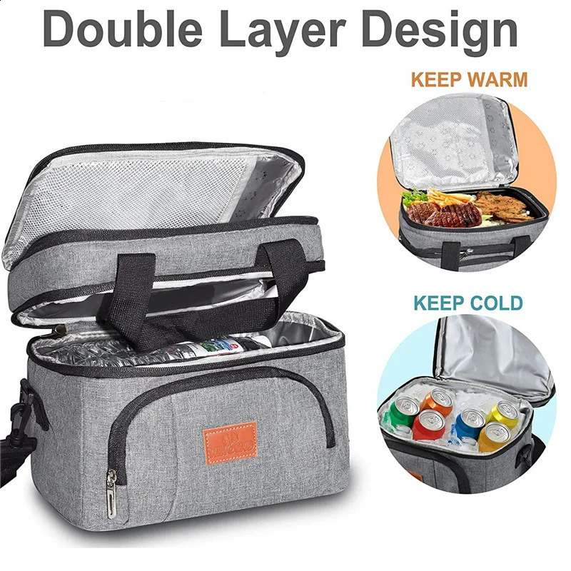 Multifunctional Double Layer Tote Cooler Lunch Bags for Women Men Large Capacity Travel Picnic Box with Shoulder Strap w250528