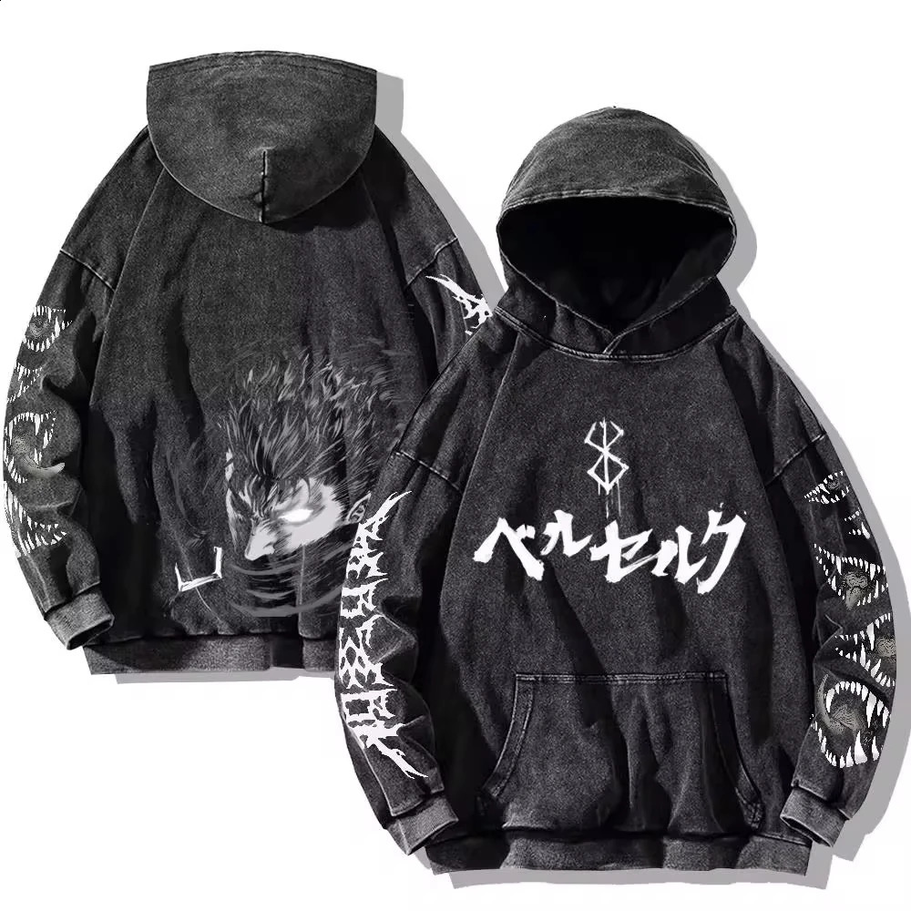 Mens Berserk Hoodies Gothic Print Vintage Washed Hoodie Hip Hop Streetwear Cotton Sweatshirts Harajuku Casual Hooded Pullover 240829