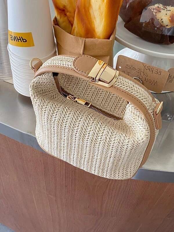 News Mini Simple Handbag With Lock Button, Summer New Woven Straw Bag, Tote Bag, Shoulder Bag, Crossbody Bag For Women, Shopping And Beach Outing Esse