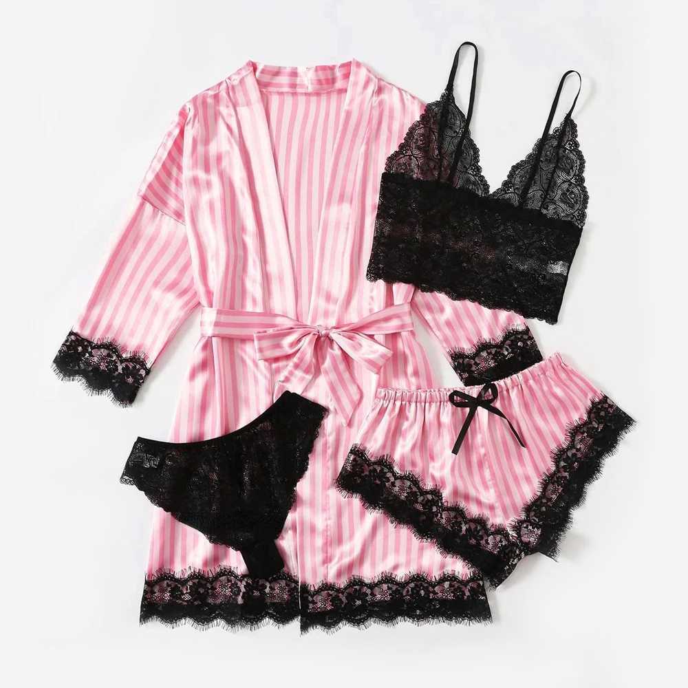 Womens 4-piece floral lace decorated satin sleepwear set with long robe sexy synthetic silk sleepwear casual home wear night wear CL240829