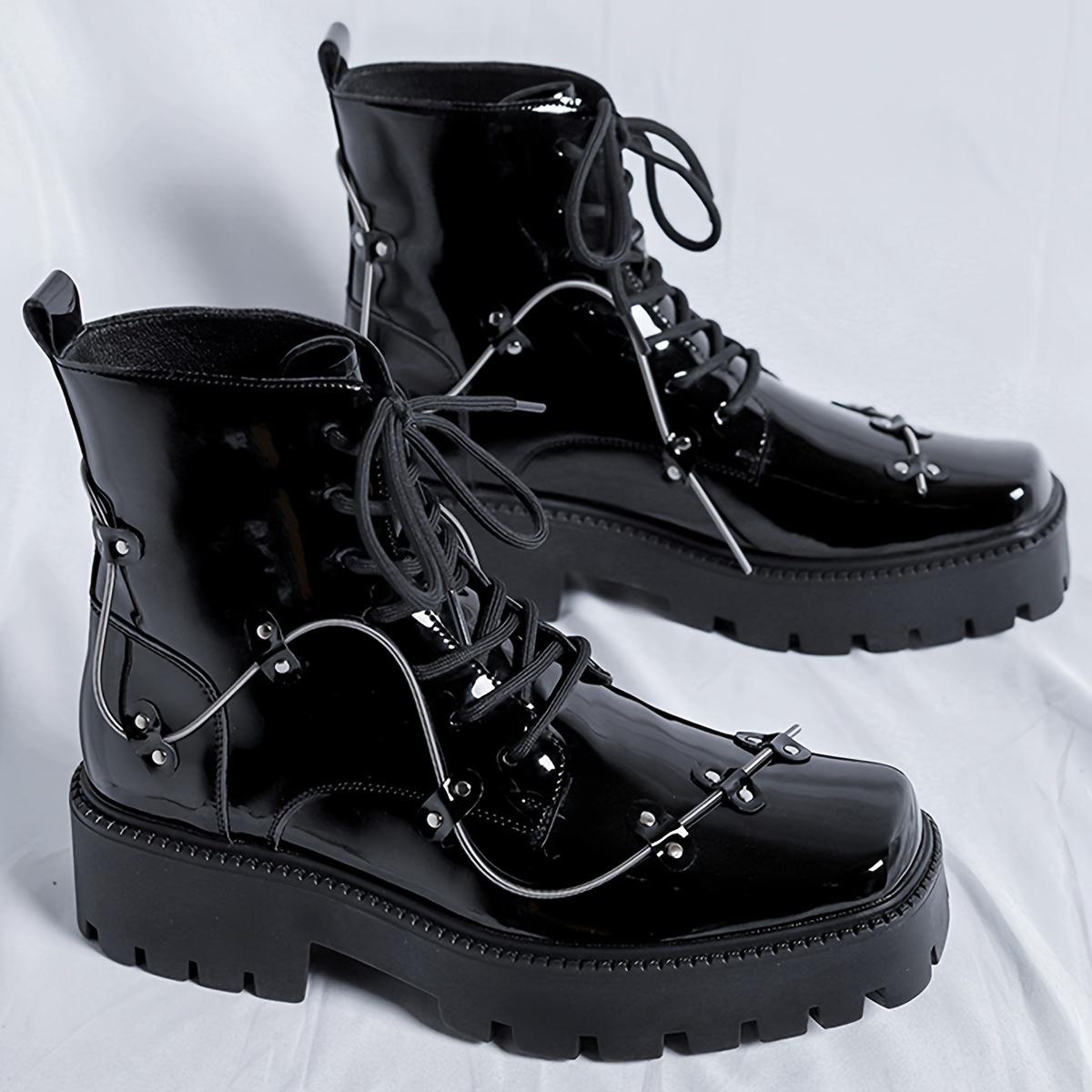 Fashion Shiny Square Toe Platform Boots Leather Boots Martin Boots - Lace Up Casual Walking Shoes - Super Comfortable and Easy to Clean