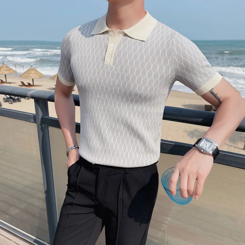 Summer Diamond Plaid Knitted Polo Shirt Mens Ice Silk Short Sleeve Slim Fit Lapel T-shirt Streetwear Plus Size 4XL-M 240828