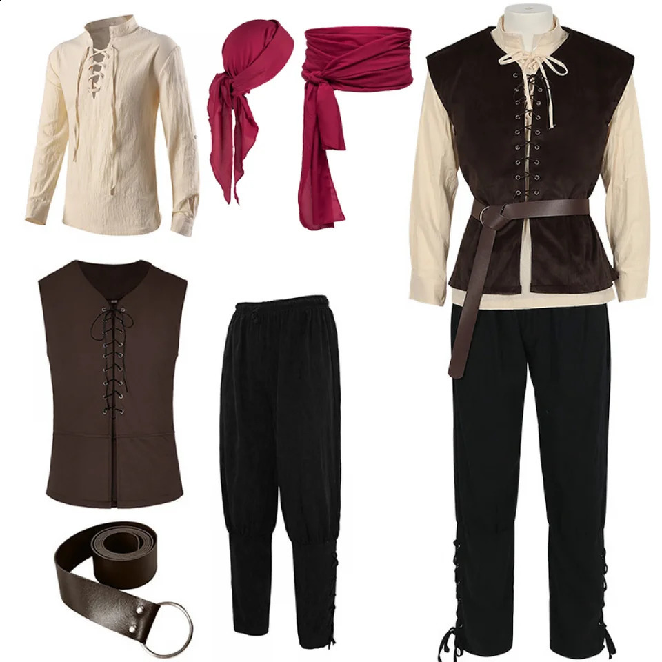 Mens pirate costume set vest Viking pants headscarf Renaissance womens retro shirt mens Halloween captain 240828