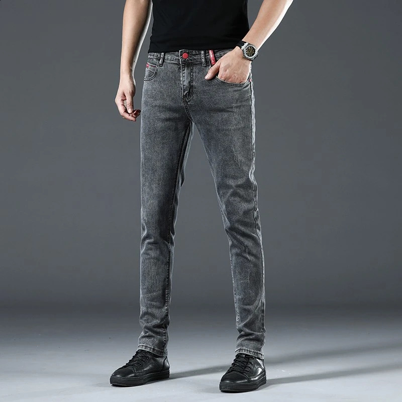 Mens Grey Korean Slim Fit Stretch Jeans Fashion Skinny Men Casual Classic Cotton Youth Pencil Denim Trousers 240826Z