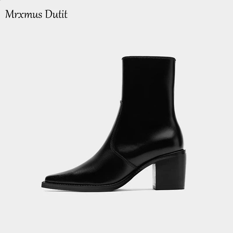 Mrxmus Duty Womens Autumn and Winter Leather Coarse Toe Pointed Boots Simple Fashion Shoes Womens Fashion Shoes 240827