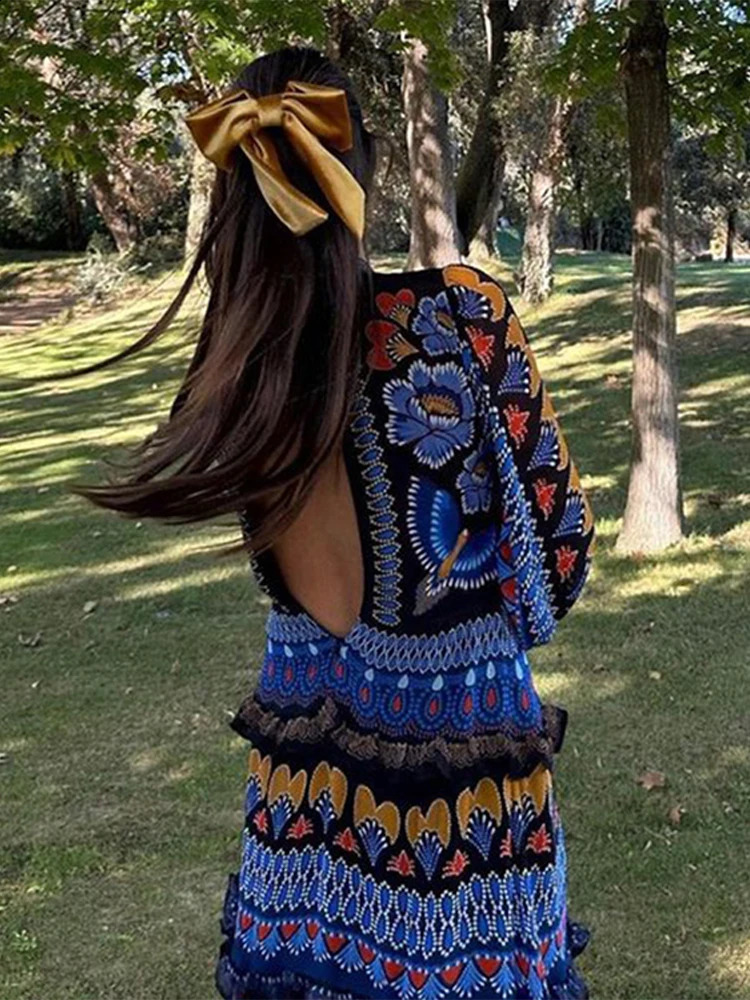 Retro printed dress for women elegant and fashionable long sleeved soft chic spring summer casual loose party 240828