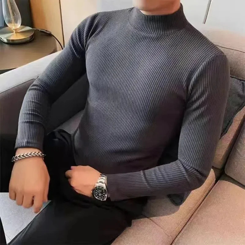 Smart Casual Spring Autumn Mens Solid Plain Collar Korean HighStreet Fashion Long Sleeve Slim Bottom Womens Tshirt Top 240828