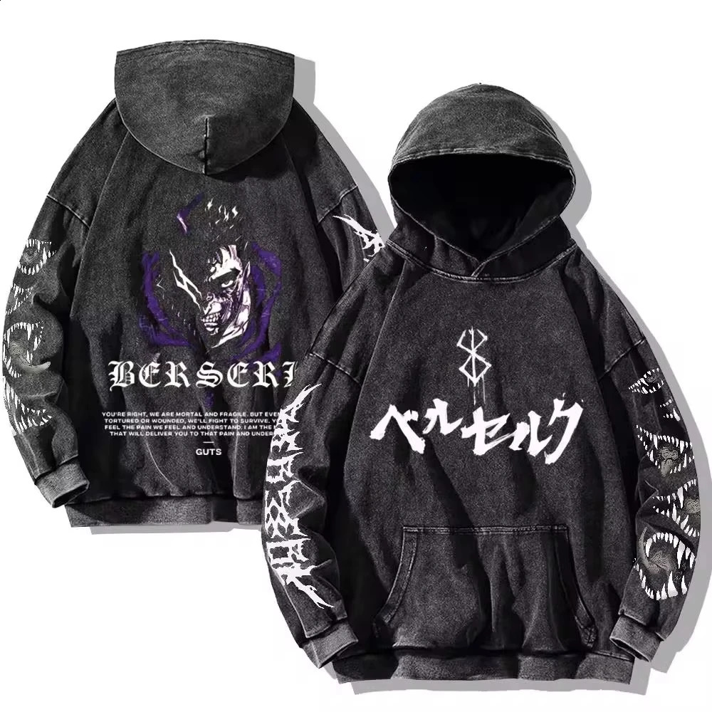 Mens Berserk Hoodies Gothic Print Vintage Washed Hoodie Hip Hop Streetwear Cotton Sweatshirts Harajuku Casual Hooded Pullover 240829 - view 6