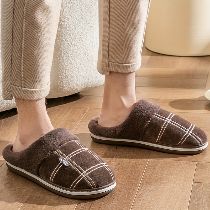 Cozy Plaid Slippers Men - Soft Fuzzy Fabric, Non-Slip TPR Sole, Round Toe, Slip-On Design, Comfortable for Indoor Winter Wear, Bedroom, England-Inspir