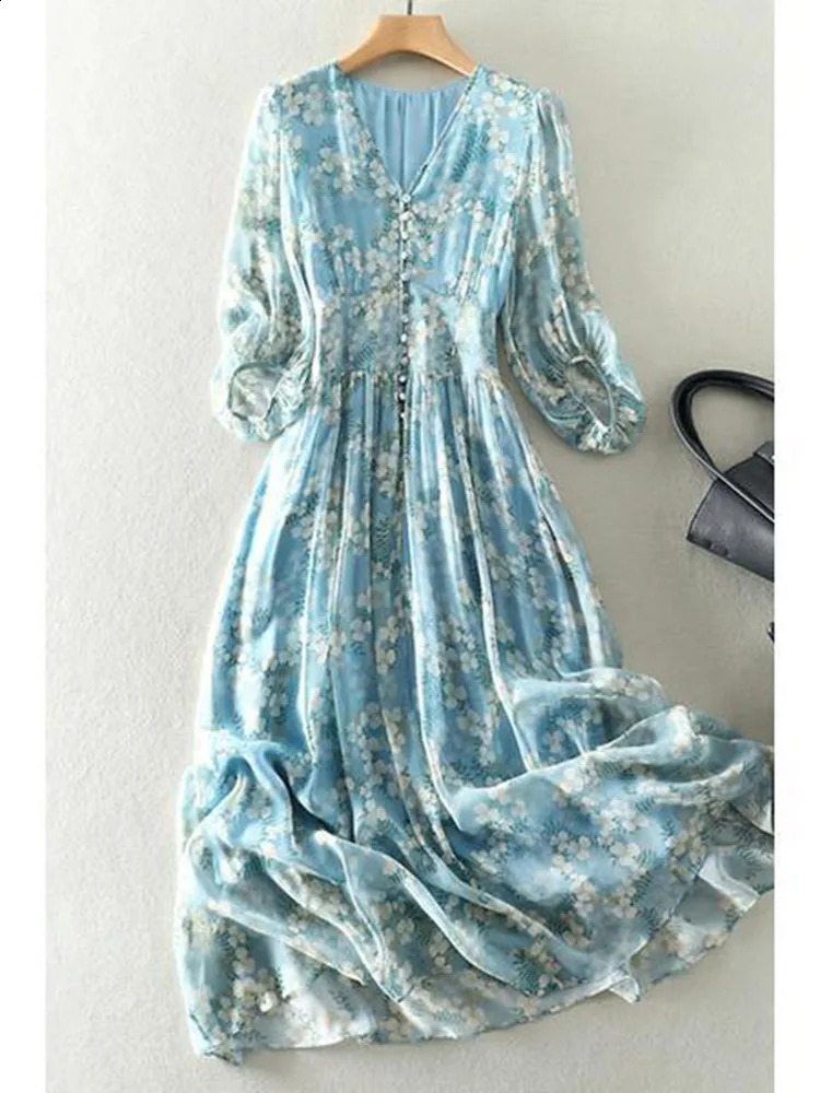 Bohemian womens summer long sleeved Vneck elegant blue chiffon dress with high waist printed beach skirt 240828