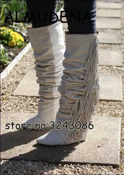 Boots High top suede black and white ruffled knee high Pointed Toe Hidden Wedge womens fashionable boots with increased height Y2408298UDZ