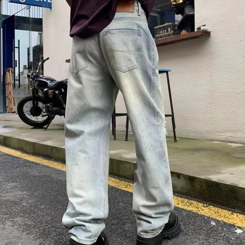 Flash diamond Ripped Baggy Mens Jeans Vintage Crystal Blue Full Denim Pants Straight Leg Trousers For Male 240828