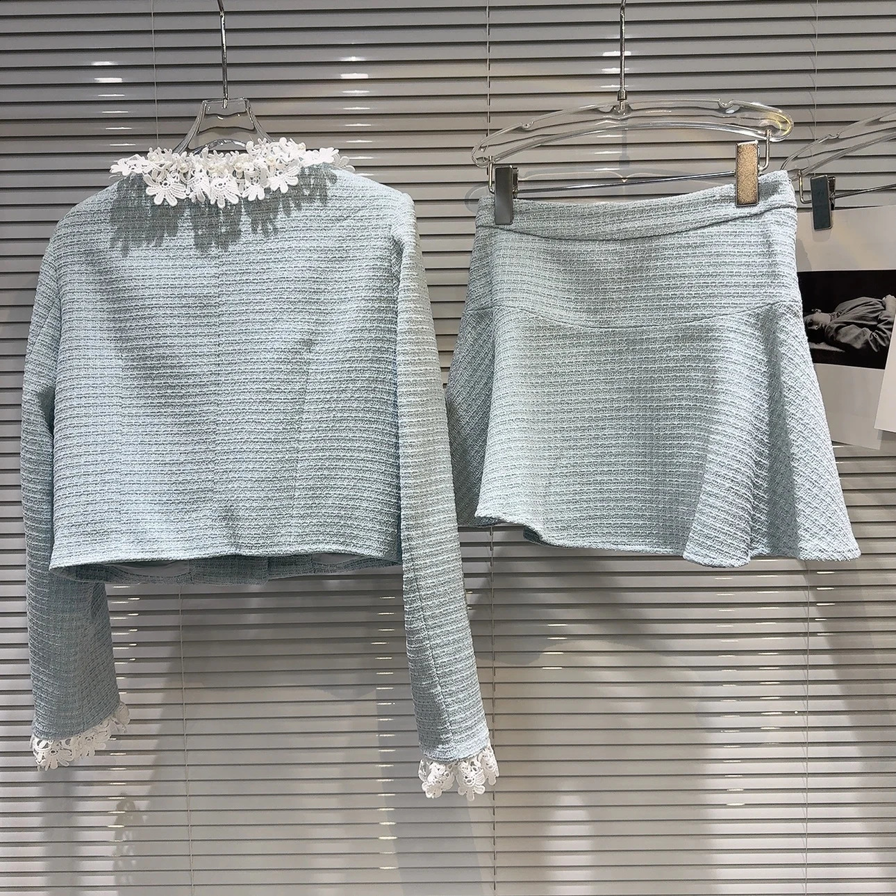 PREPOMP Autumn Pearl Lace Collar Short Jacket Coarse Floral Mini Skiing Two Piece Set Womens Dress Light Blue GR950 240828