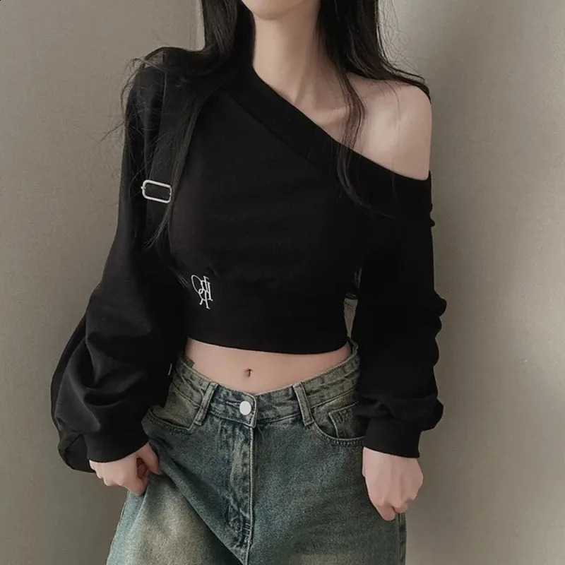 Autumn Irregular Skeleton Collar Hoodie Womens Sexy Fashion Sportswear Long Sleeve Puff Short Solid Ultra Thin Pullover Top 240827