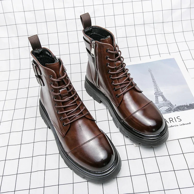 Winter Fashion Brown Leather Mens High Motorcycle Men Outdoor Thick Bottom Round Head Waterproonkle Boots 240828
