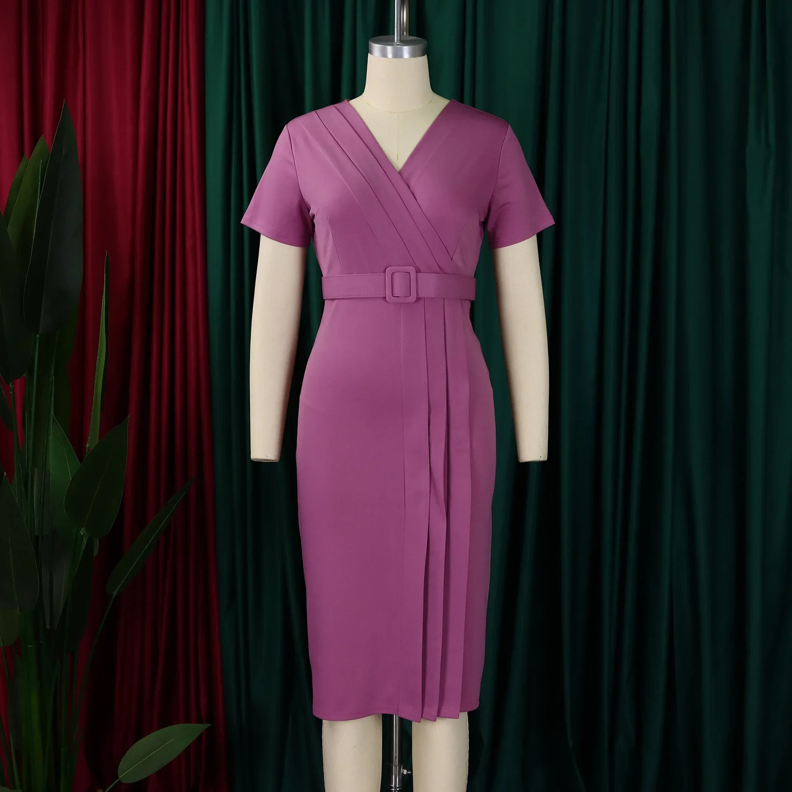 Women Elegant Bodycon Short Sleeves Wrap V Neck Modest Waist Belt Church Dress Outfits Female Summer African Classy Gowns