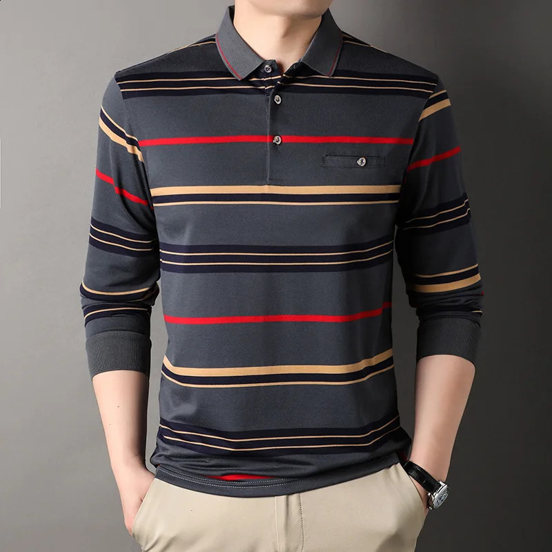 Mens Spring and Autumn Long Sleeve Pocket Button Three way Flip Collar Pullover Polo Shirt Business Casual Loose Top 240828