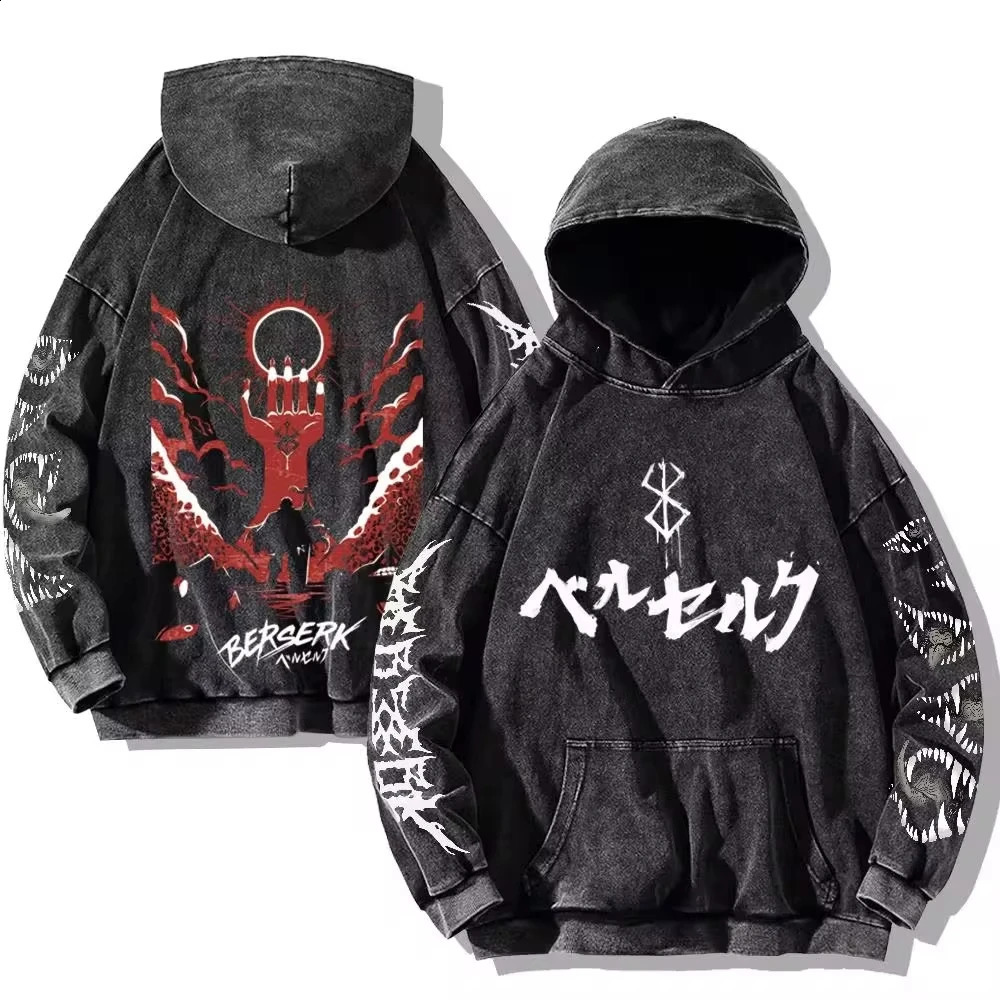 Mens Berserk Hoodies Gothic Print Vintage Washed Hoodie Hip Hop Streetwear Cotton Sweatshirts Harajuku Casual Hooded Pullover 240829 - view 5
