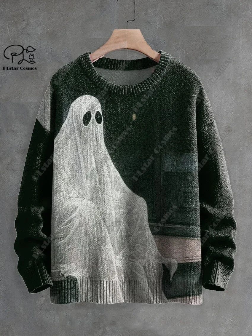 3D Printing Halloween Custom Series Horror Ghost Skull Witch Black Cat Pattern Ugly Sweater Street Casual Winter Sweater W-8 240829