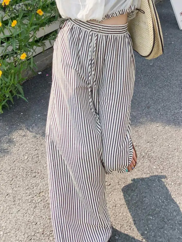 ZANZEA Womens Pants Korean Edition Elastic Waist Straight Holiday Summer Brushed Trouser Casual Bottom 240827