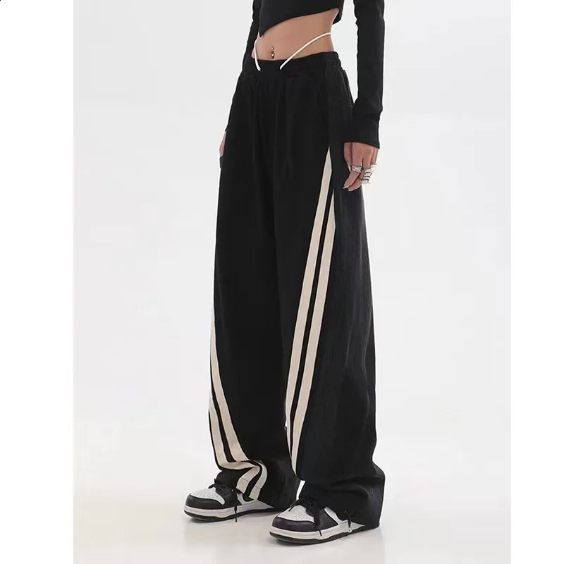 Womens early spring waist contrasting color drawstring tied sports pants long leg straight tube womens Trouser