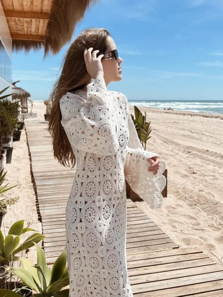 Womens Fashion Hook Flower Hollow Cream Tricycle Casual Loose Vneck Long Flash Sleeves Vestido Party Elegant Ball 240828