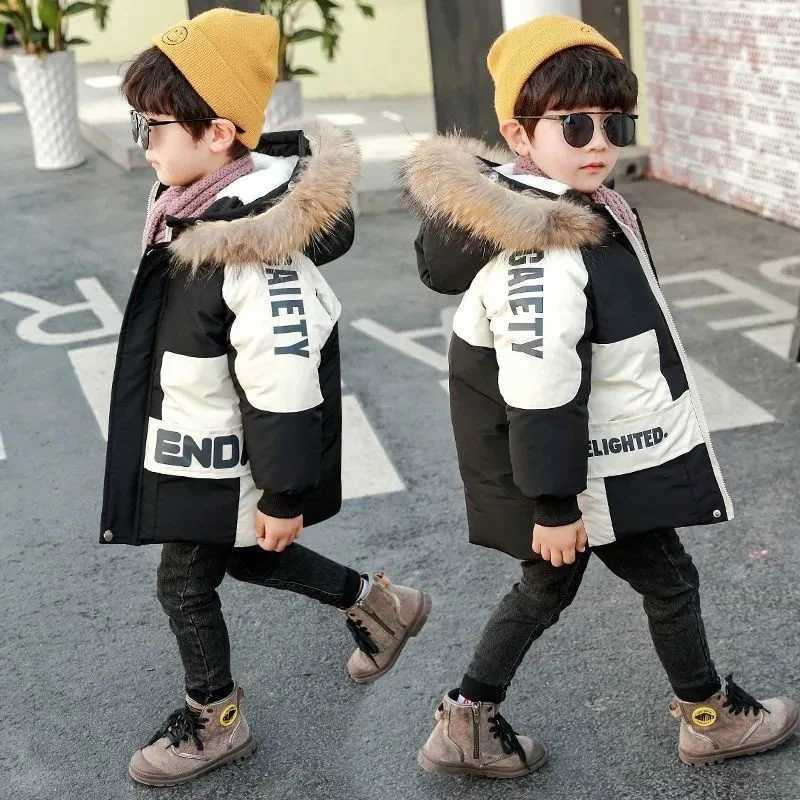 Winter boys coat 2024 new baby Fur collar hooded cotton plus velvet thicken warm jacket for children parka 2-8years kids clothesY240829