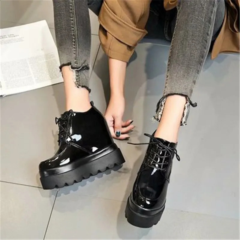 High Platform Patent Leather Casual Shoes Women Autumn Wedge Trainers For Women 12 CM Height Increasing Sneakers Black 240827