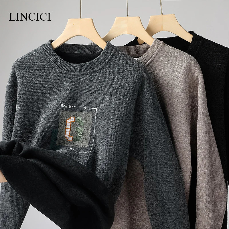 Autumn/Winter Mens Sweater Thick Velvet Embroidered Knitted Inner Bottom with Warm Round Neck Letters 240829