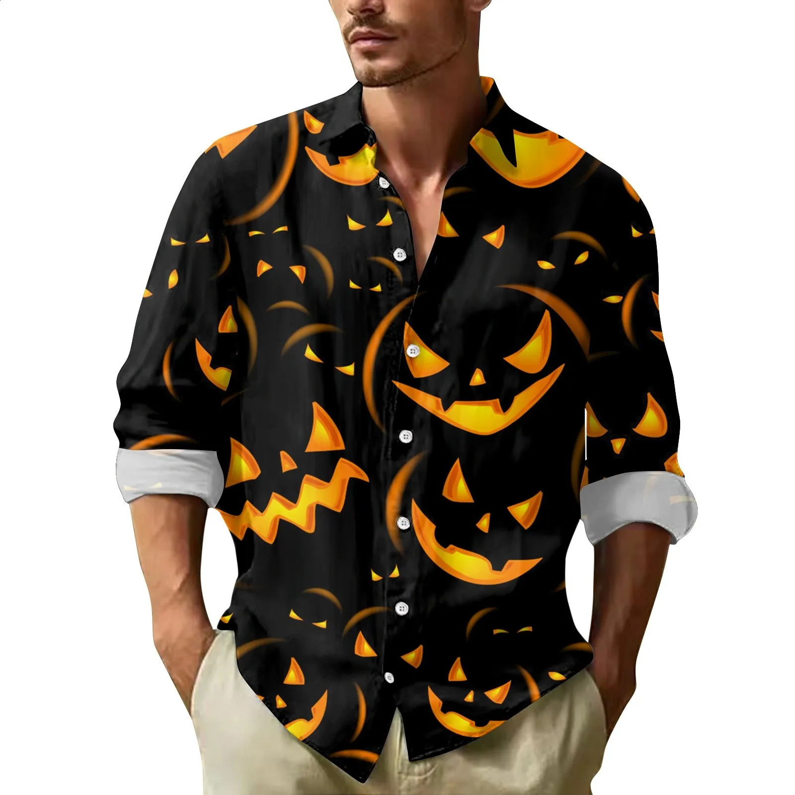 Mens Halloween printed shirt button long sleeved lapel shirt casual fashion version basic shirt top mens clothing 240829