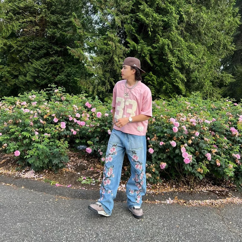 Y2K Harajuku jeans retro cherry blossom embroidery pattern hip-hop streetwear mens Gothic casual straight leg jeans 240829