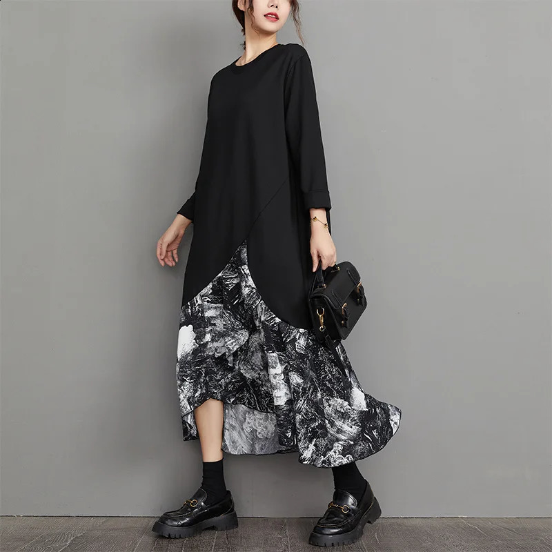 Wxw3347 Black Asymmetric Ruffle Midi Dress Womens Loose Long Sleeve Cotton Patch Work Aline 240828