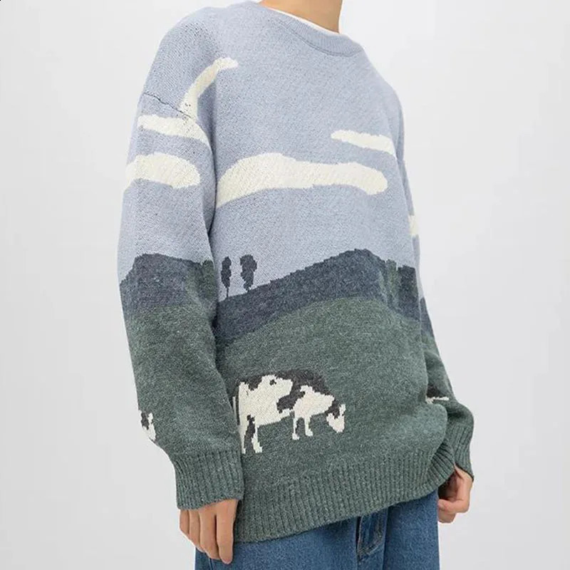 Autumn and winter mens interesting cow fresh sweater knitted and pulled round neck knitted sweater warm mens slim fit casual sweater 240829