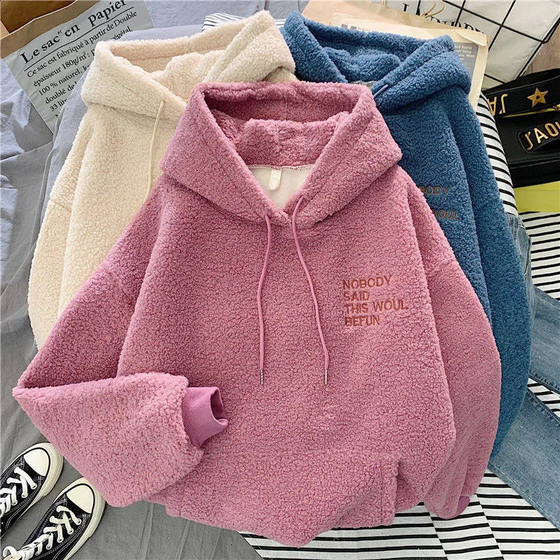 Wool hooded sweatshirt womens apron thickened warm long sleeved zipper pattern casual letter winter coat 240827