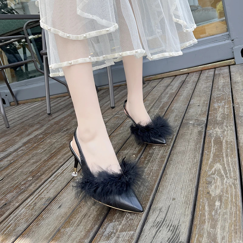 Lace slider womens shoes womens pump solid leather dot lace slider fur high heels summer womens slider 240827