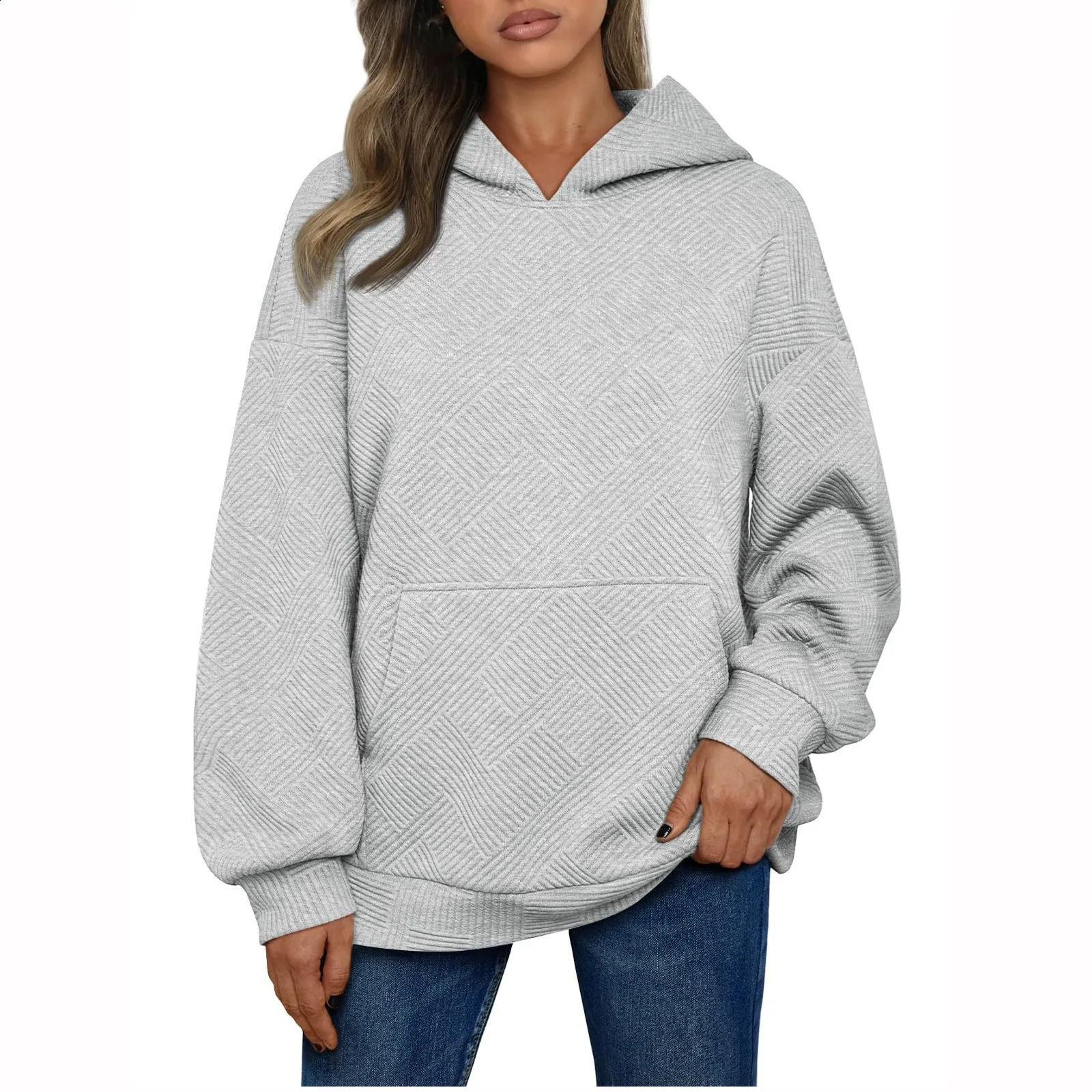 SpringAutumn Womens Solid Pull off Oversized Sportswear Fashion Clothing with Pocket Loose Top 240827