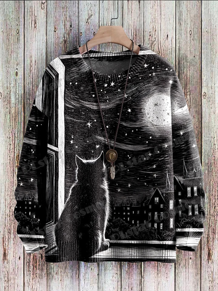 Halloween ghost and cat and retro cat patterns 3D printed mens knitted floral winter unisex casual knitted floral sweater ZZM62 240829