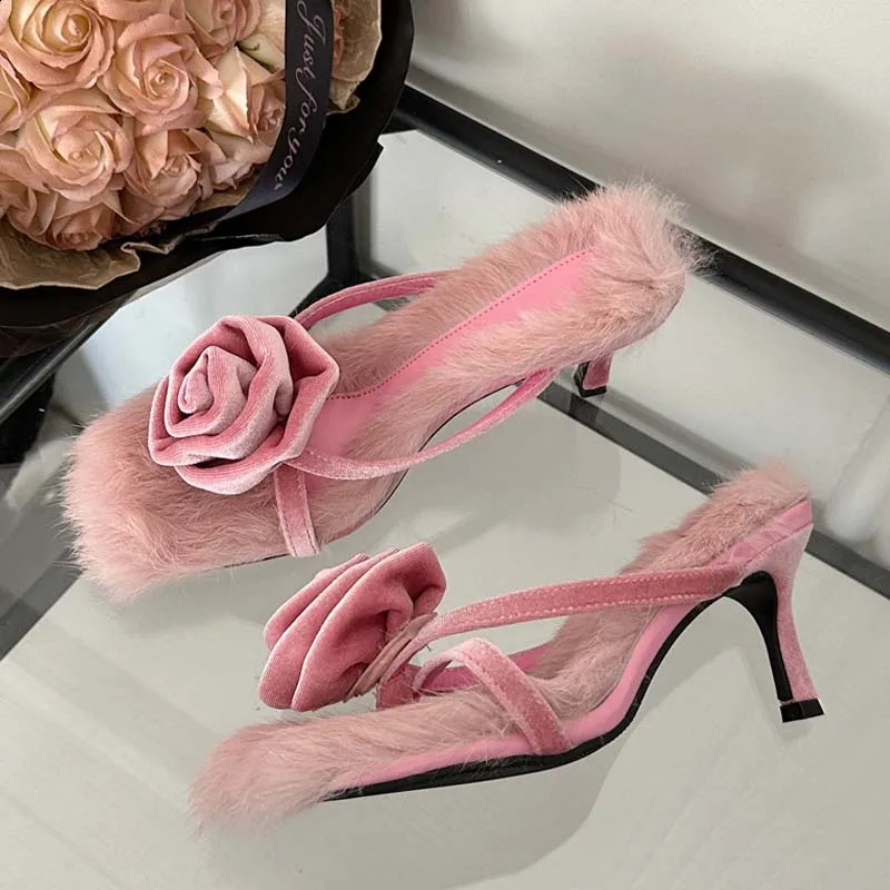 Eilyken Corduroy faux fur slider womens square heel slider sandals summer outdoor banquet womens shoes 240827