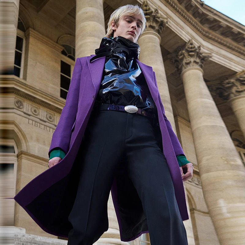 Mens double-sided medium length cashmere coat winter fashion trend purple charm retro casual wool loose windshield 240828
