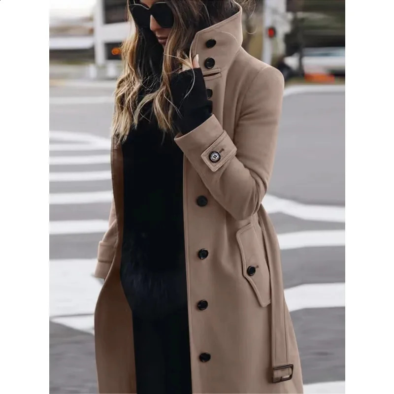 Autumn and winter wool coat womens slim fit open top large coat womens long sleeved single chest standing collar wool coat 240828