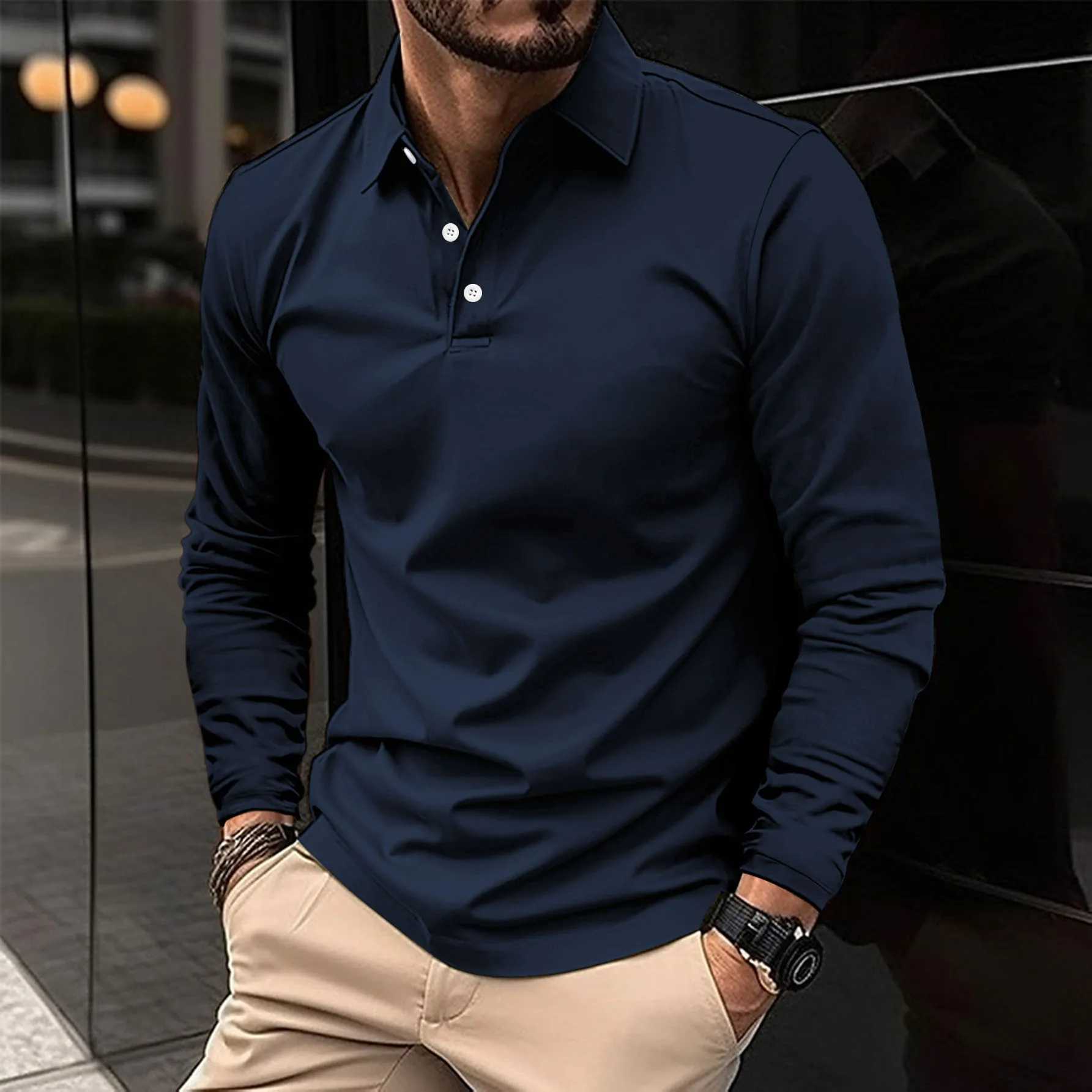 Man Long Sleeve Polo Solid Leisure Comfy Casual Loose Bakery Restaurant Lapel Shirt Catering Cafe Supermarket WorkwearXJ240906
