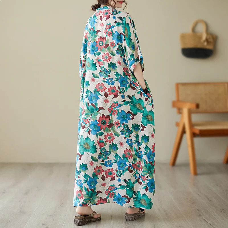 Wxw6513 Summer Printed Long Dress Loose Pocket Retro Floor Length Womens Thin Beach Cotton 240828