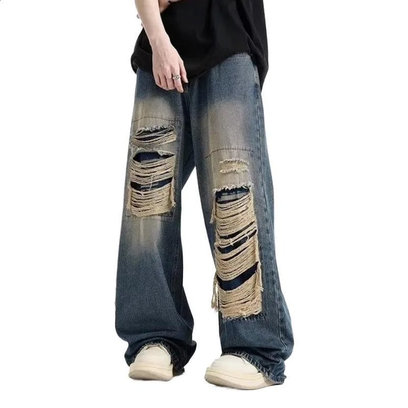 American jeans vintage jeans ripped jeans mens jeans loose jeans straight leg pants 240829