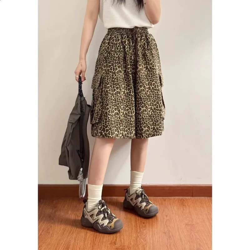 Deeptown vintage leopard print cargo shorts Haruku Y2k oversized sports jogging Trouser streetwear wide leg bag summer 240829